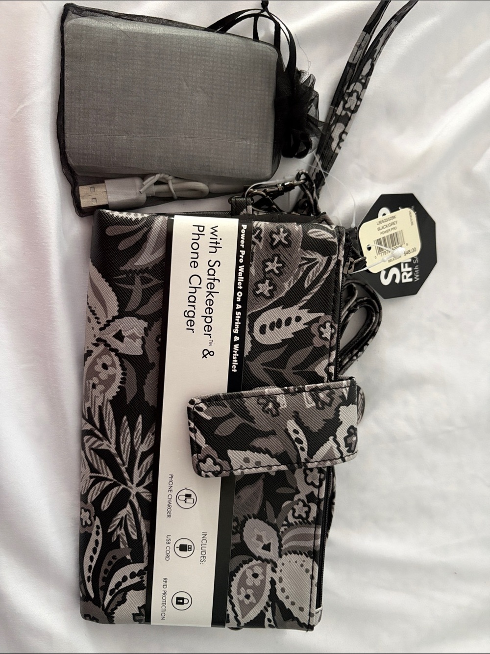 Sakroots Black & Gray Floral Crossbody Wallet with Phone Charger